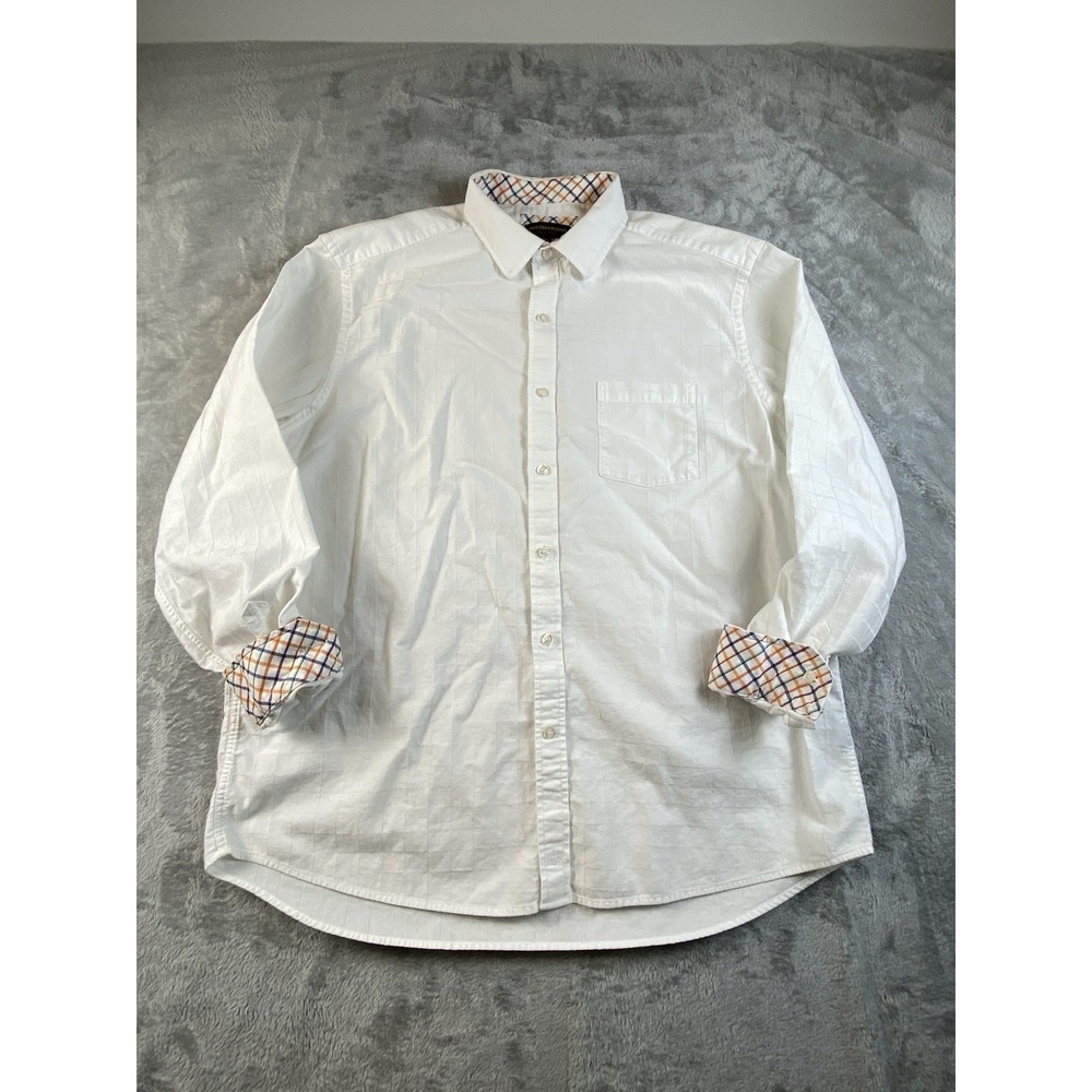 JOHNSTON & MURPHY Shirt Mens Large  Plaid Flip Cuff 100%‎ Cotton White Textured